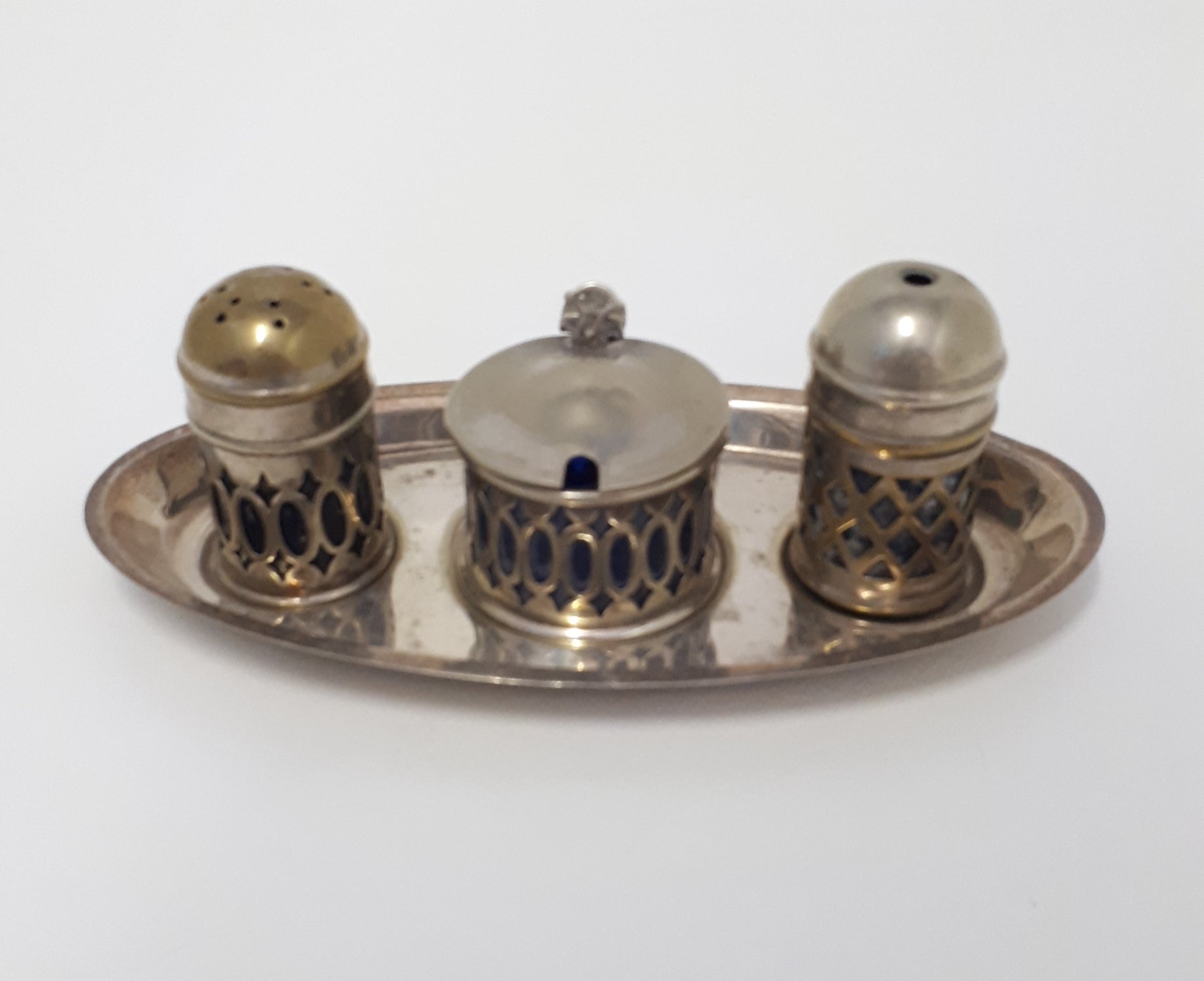 Vintage Pre 1950’s Silver Plated Tray With Salt & Pepper Shaker & Mustard Pot – All With Cobalt Blue Inner Liners