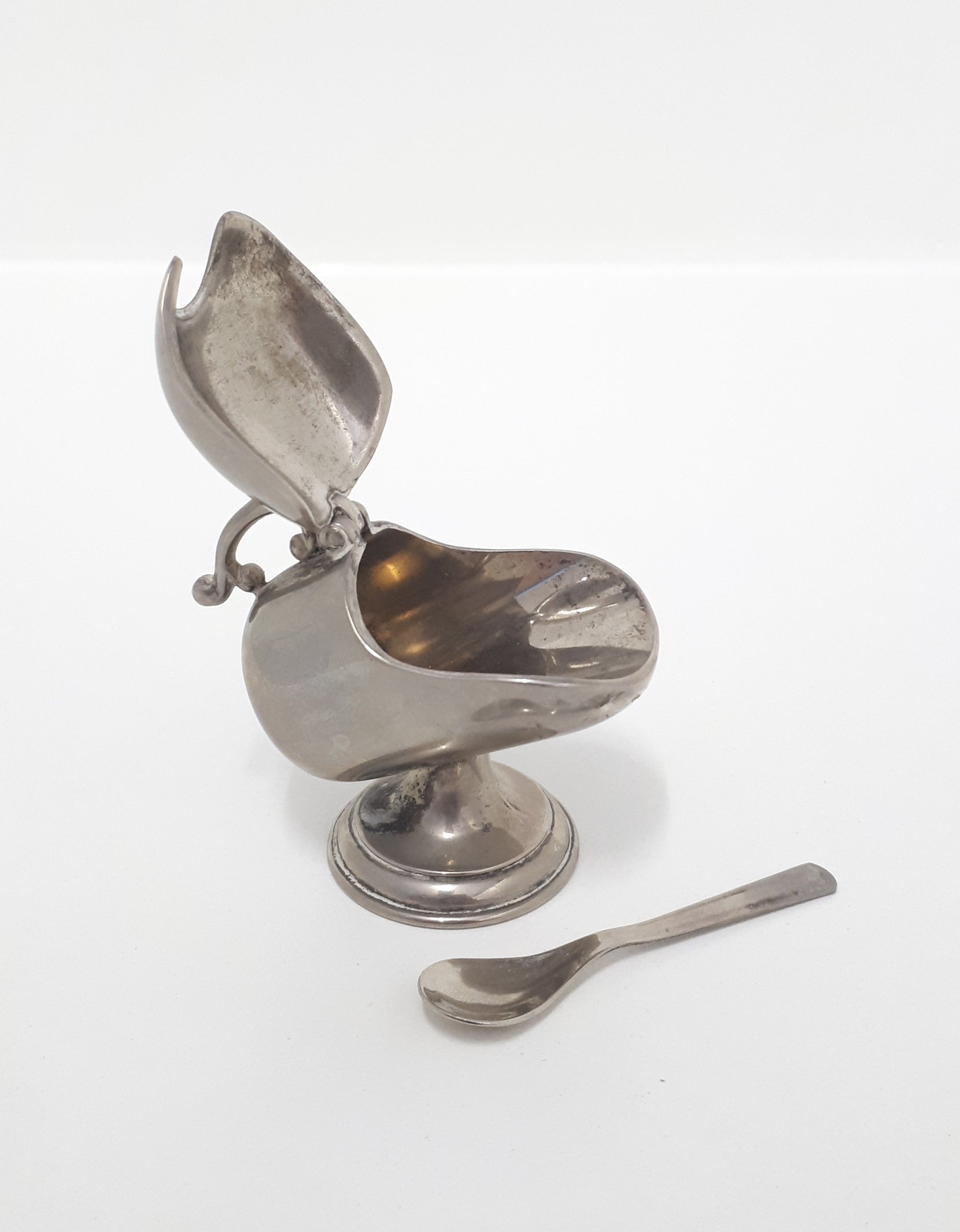 Rare Vintage Tiny Silver Plated Salt Scuttle With Salt Spoon