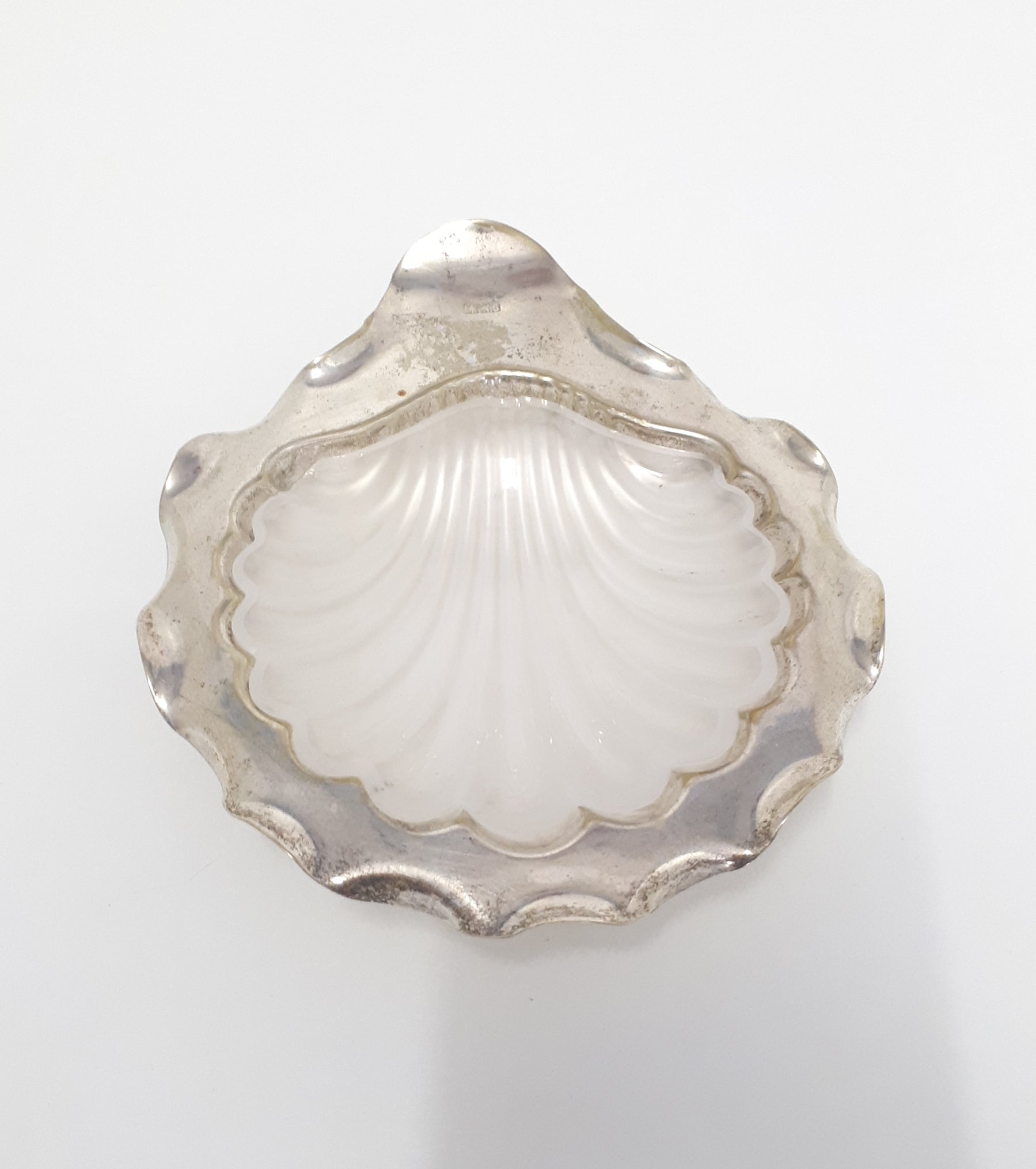 Vintage Silver Plated Shell Dish With Frosted Glass Liner
