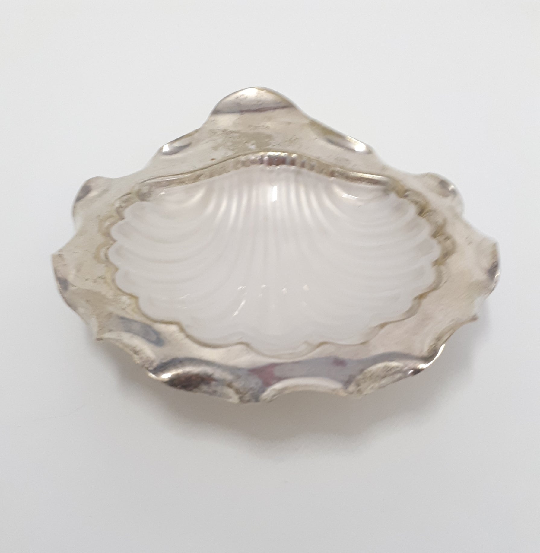 Vintage Silver Plated Shell Dish With Frosted Glass Liner