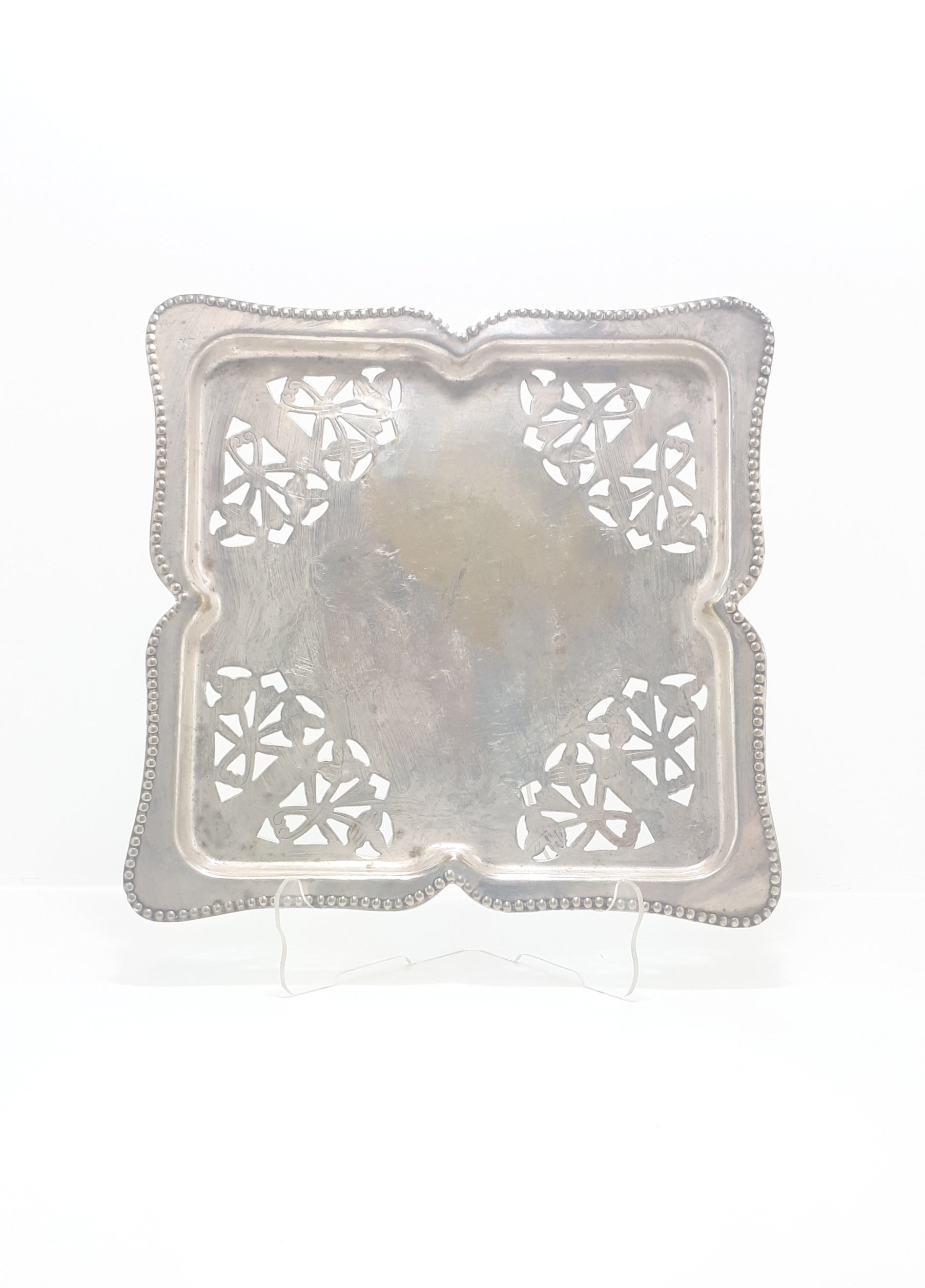 Vintage Pierced Metal Silver Plated Dish With Ball Feet