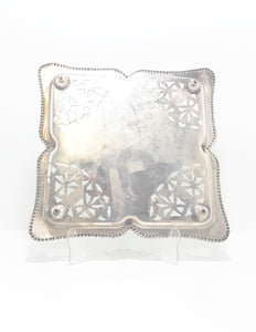 Vintage Pierced Metal Silver Plated Dish With Ball Feet