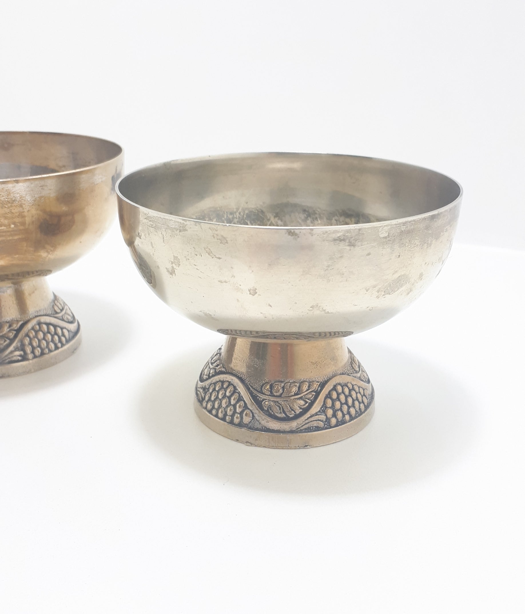 Pair Of Well-used Identical Alpaca Silver Plated Pedestal Bowls
