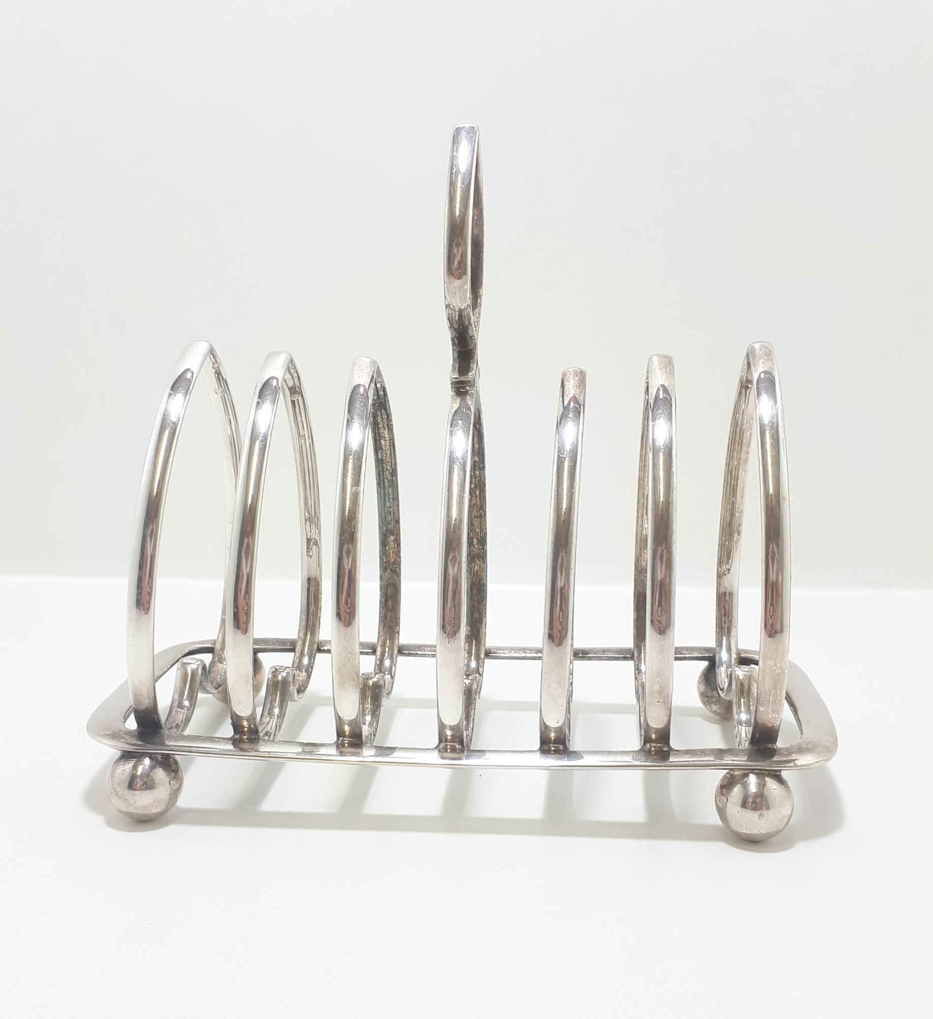 Silver Plated Vintage Six-slice Toast Rack With Ball Feet & Handle Finial