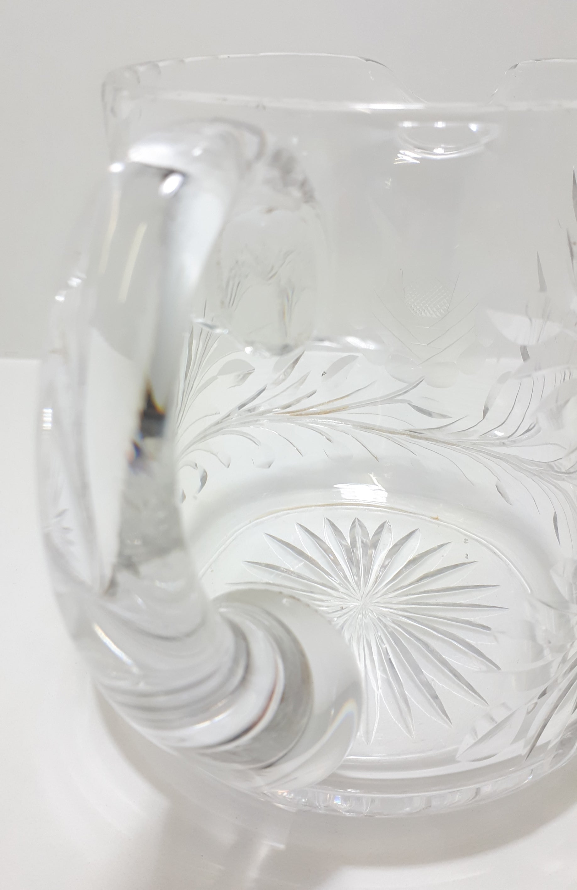 Large Vintage Cut Lead Crystal Water Jug With Rose & Leaf Cut Patterning