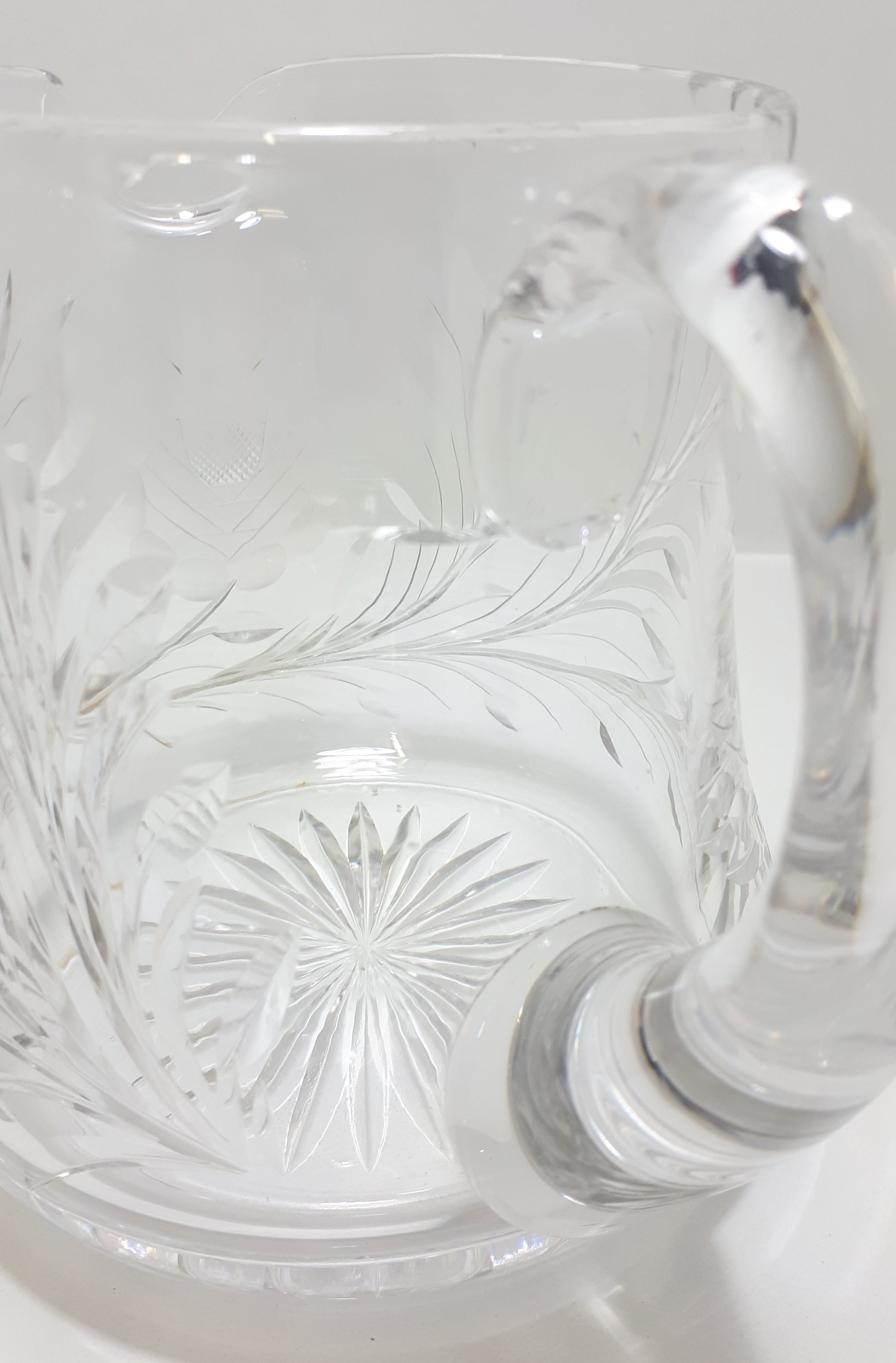 Large Vintage Cut Lead Crystal Water Jug With Rose & Leaf Cut Patterning