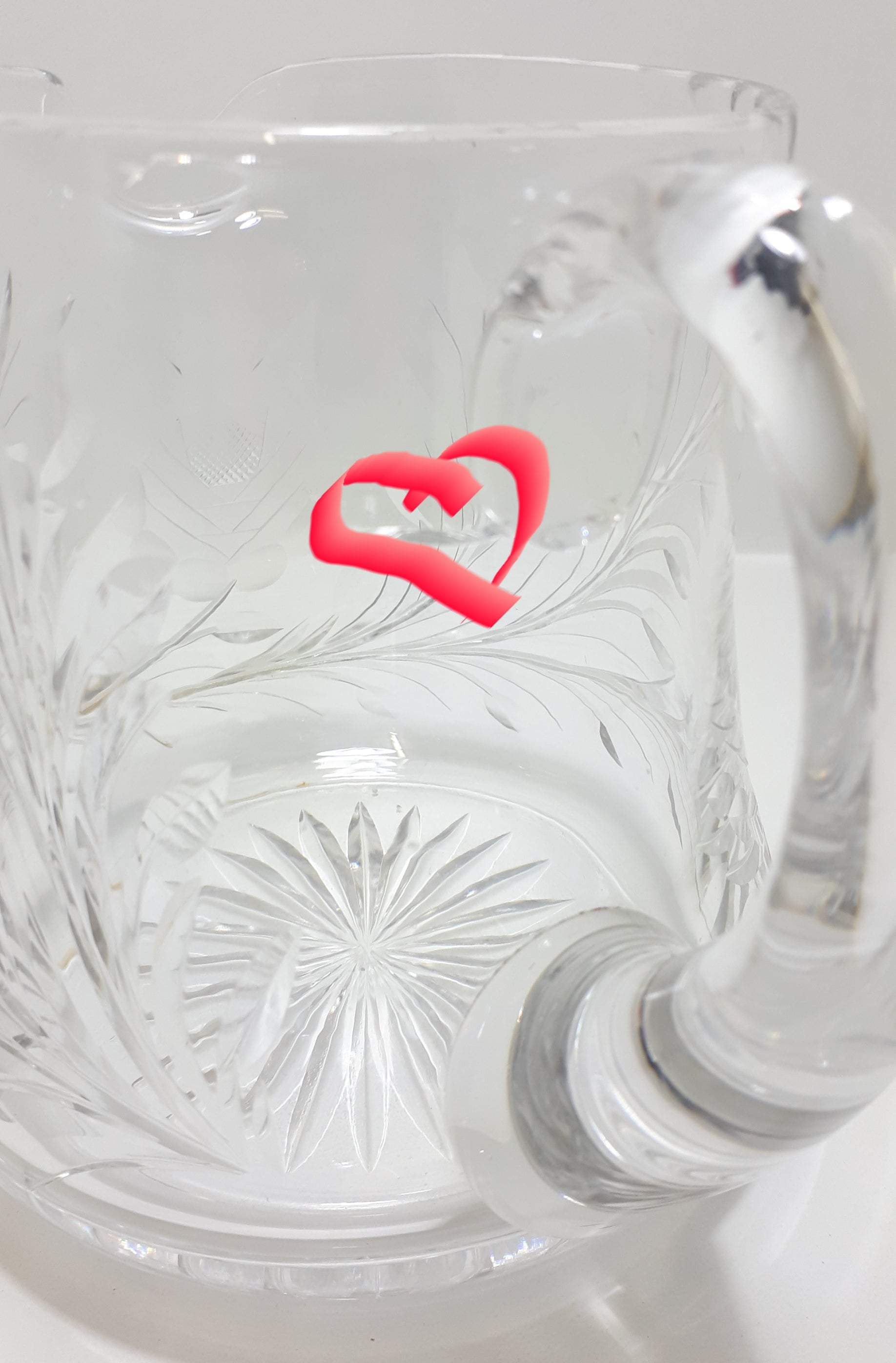Large Vintage Cut Lead Crystal Water Jug With Rose & Leaf Cut Patterning