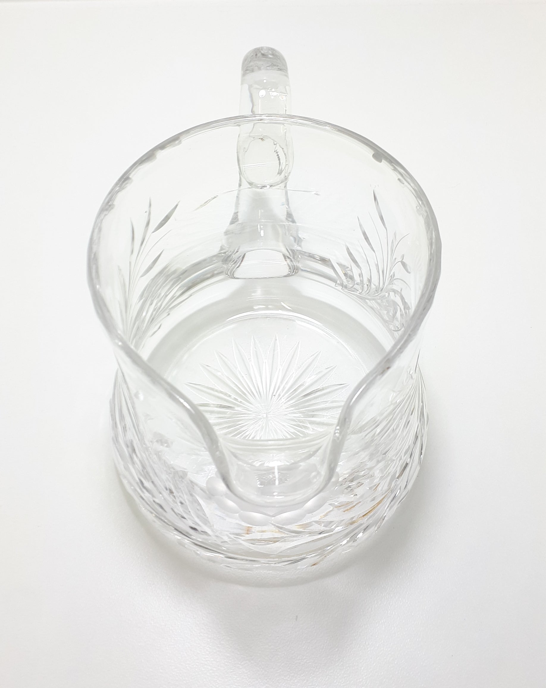 Large Vintage Cut Lead Crystal Water Jug With Rose & Leaf Cut Patterning