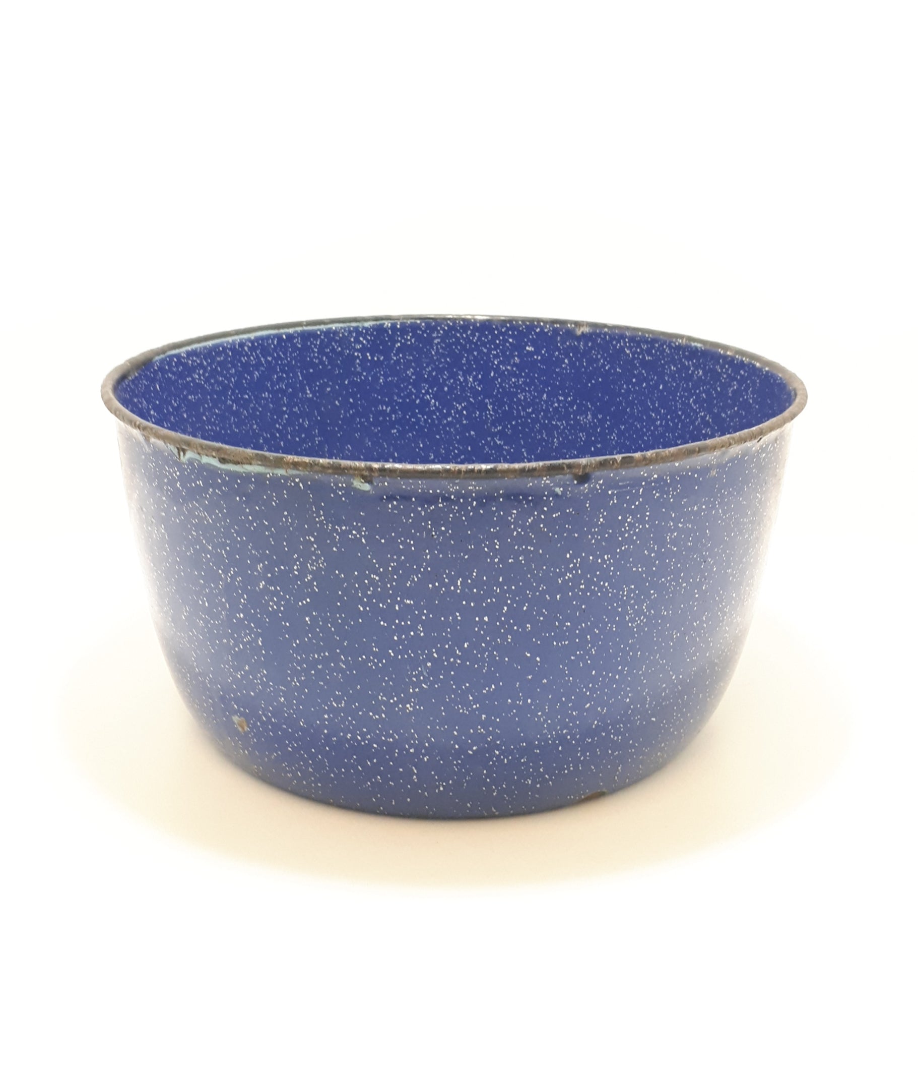 Vintage Cobalt Blue Enamel Bowl With White Speckles & Black Rim