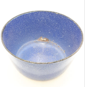 Vintage Cobalt Blue Enamel Bowl With White Speckles & Black Rim
