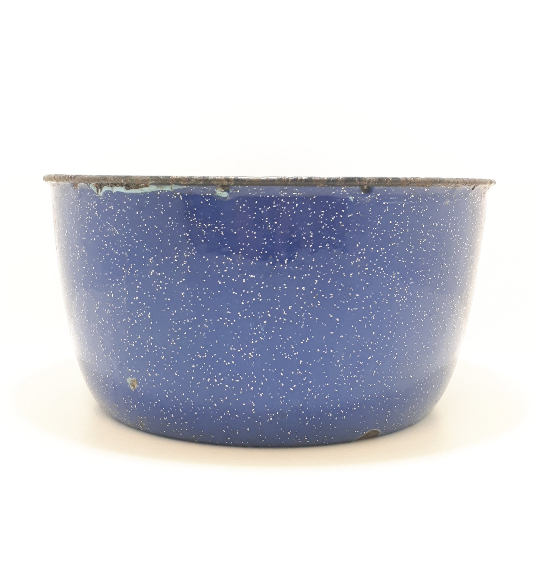 Vintage Cobalt Blue Enamel Bowl With White Speckles & Black Rim