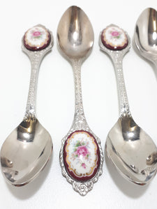 6 Japanese Stainless Steel Tea Spoons With Burgundy, Pink & Gold Flower Inlay
