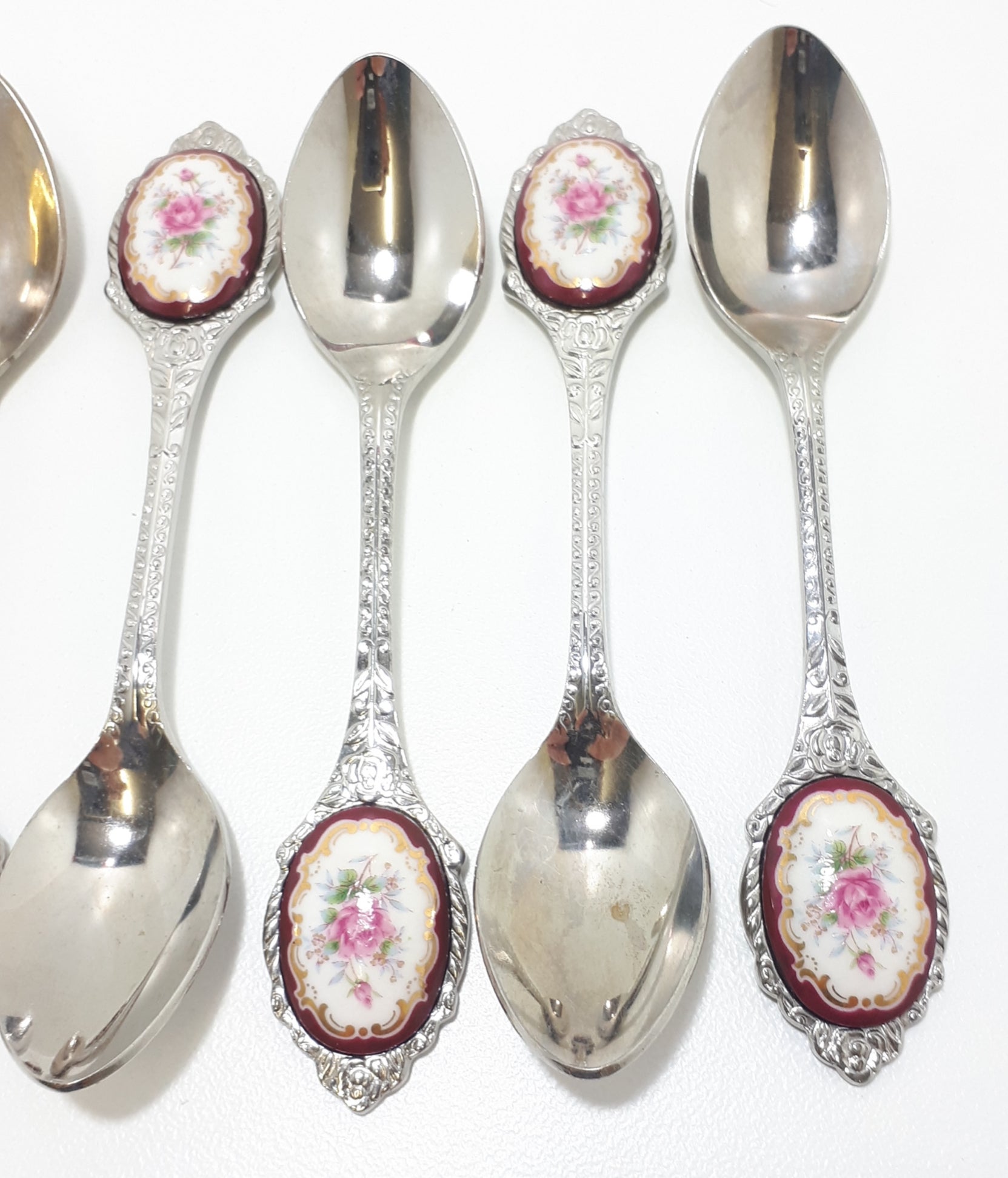 6 Japanese Stainless Steel Tea Spoons With Burgundy, Pink & Gold Flower Inlay