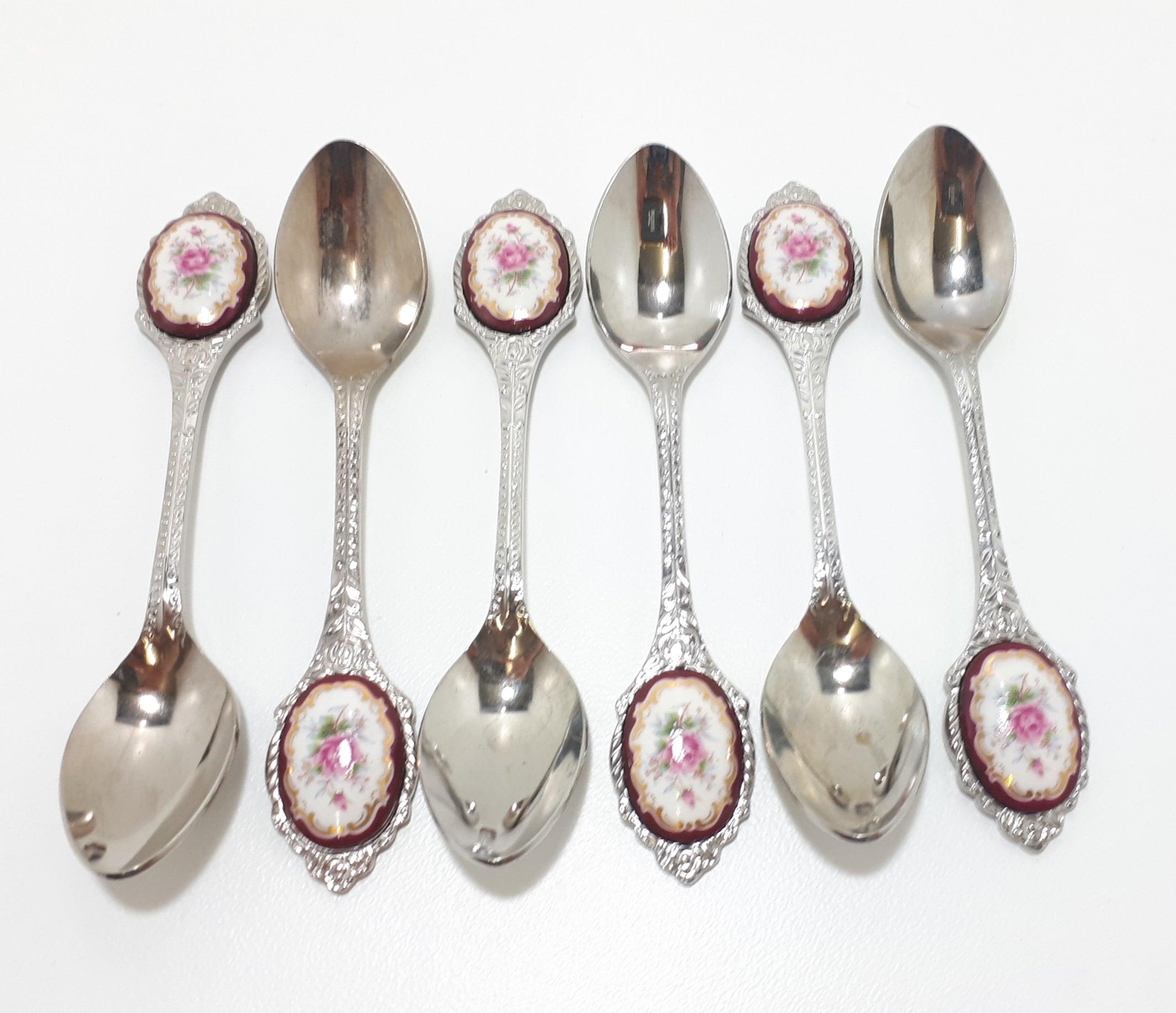 6 Japanese Stainless Steel Tea Spoons With Burgundy, Pink & Gold Flower Inlay