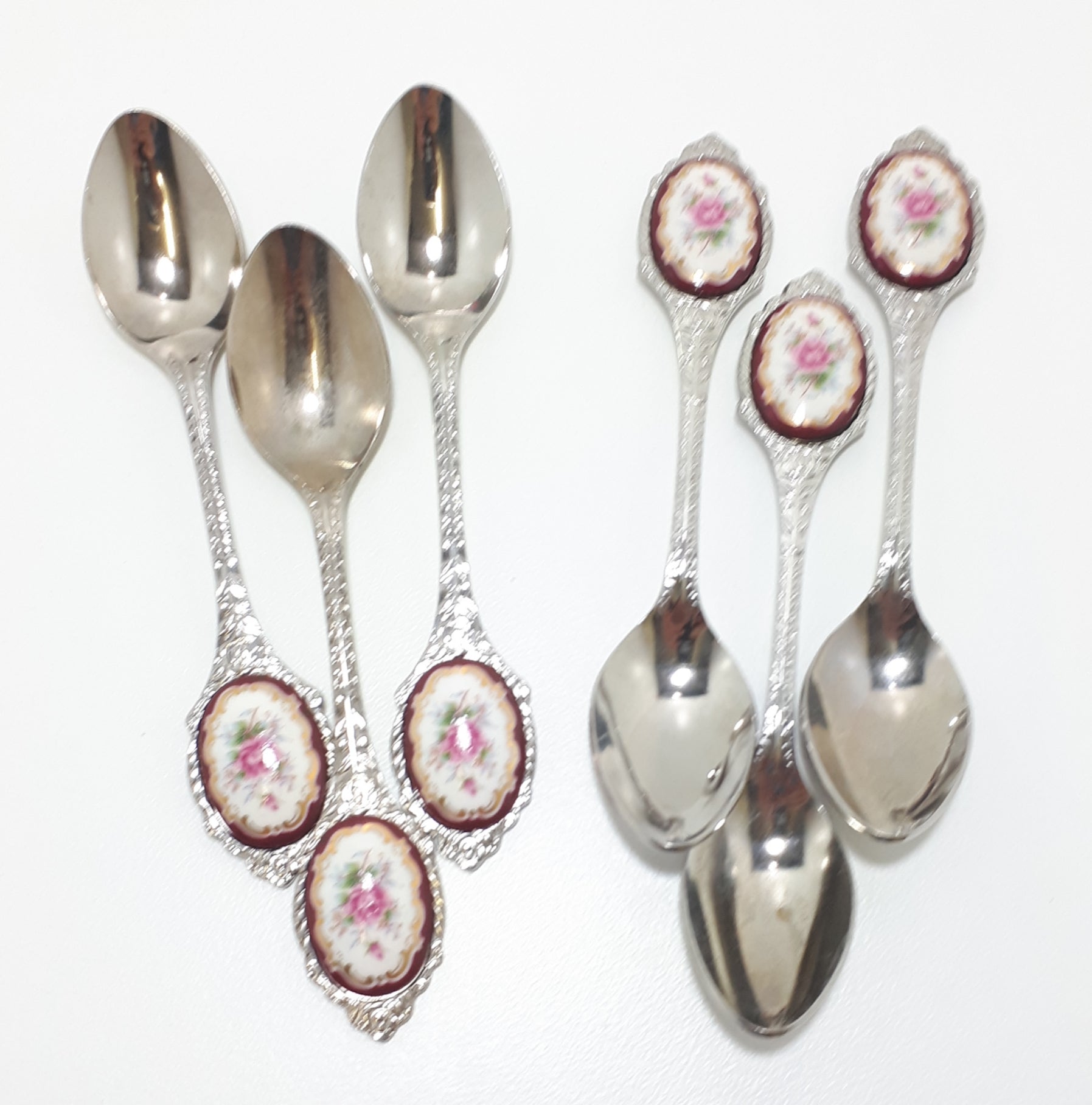 6 Japanese Stainless Steel Tea Spoons With Burgundy, Pink & Gold Flower Inlay