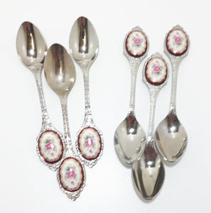 6 Japanese Stainless Steel Tea Spoons With Burgundy, Pink & Gold Flower Inlay
