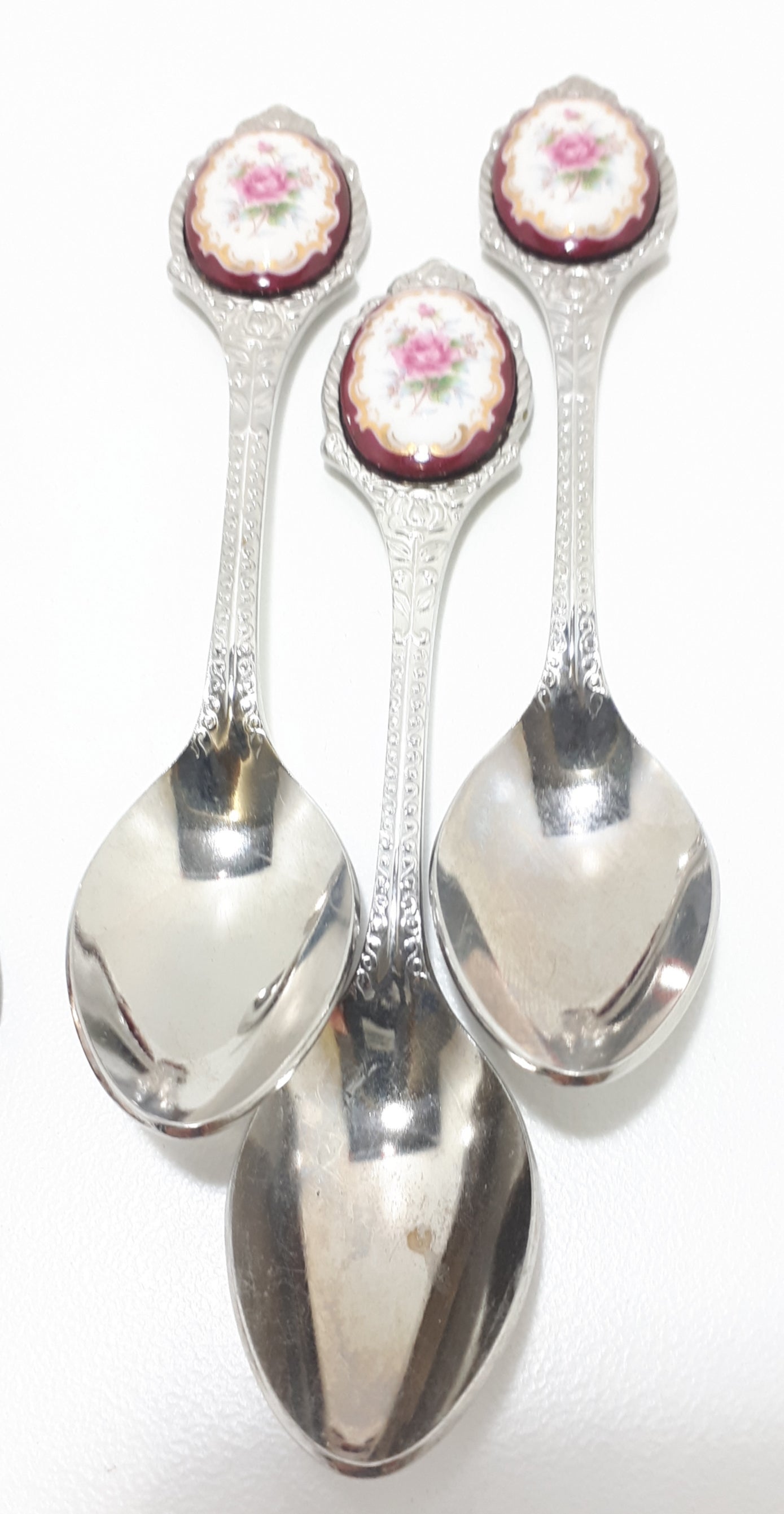 6 Japanese Stainless Steel Tea Spoons With Burgundy, Pink & Gold Flower Inlay