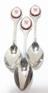 6 Japanese Stainless Steel Tea Spoons With Burgundy, Pink & Gold Flower Inlay