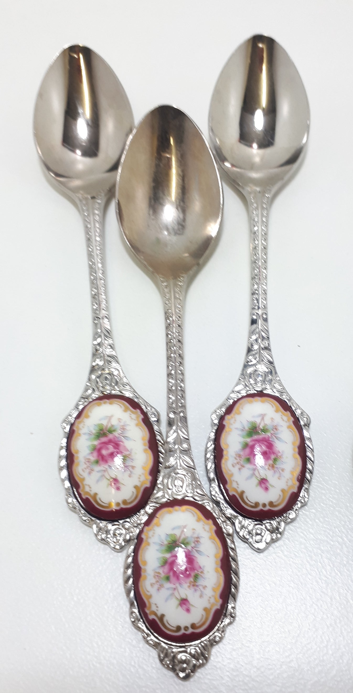 6 Japanese Stainless Steel Tea Spoons With Burgundy, Pink & Gold Flower Inlay