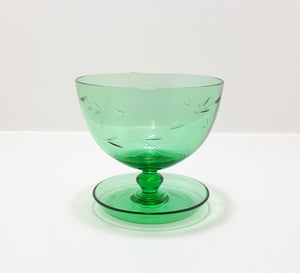 Small Dark Green Glass Pedestal Bowl With Wheat Pattern