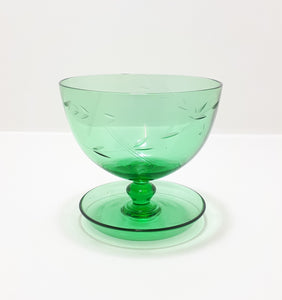 Small Dark Green Glass Pedestal Bowl With Wheat Pattern