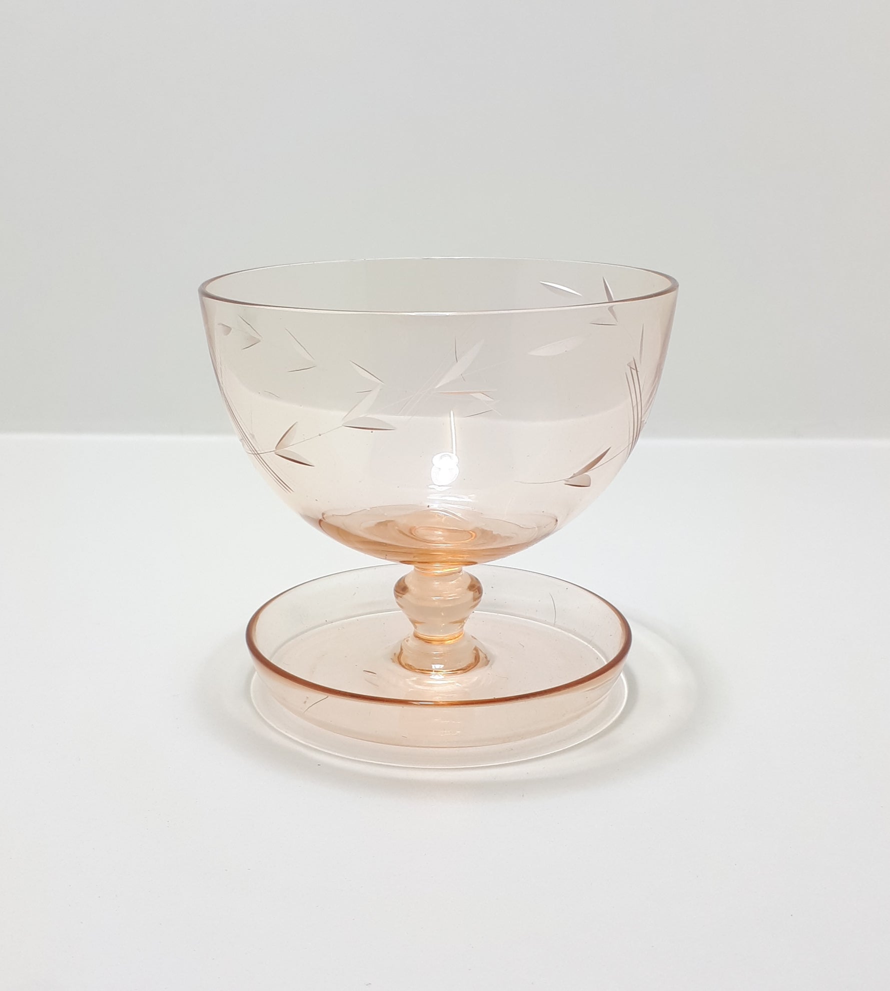 Small Peach Coloured Glass Pedestal Bowl With Wheat Pattern