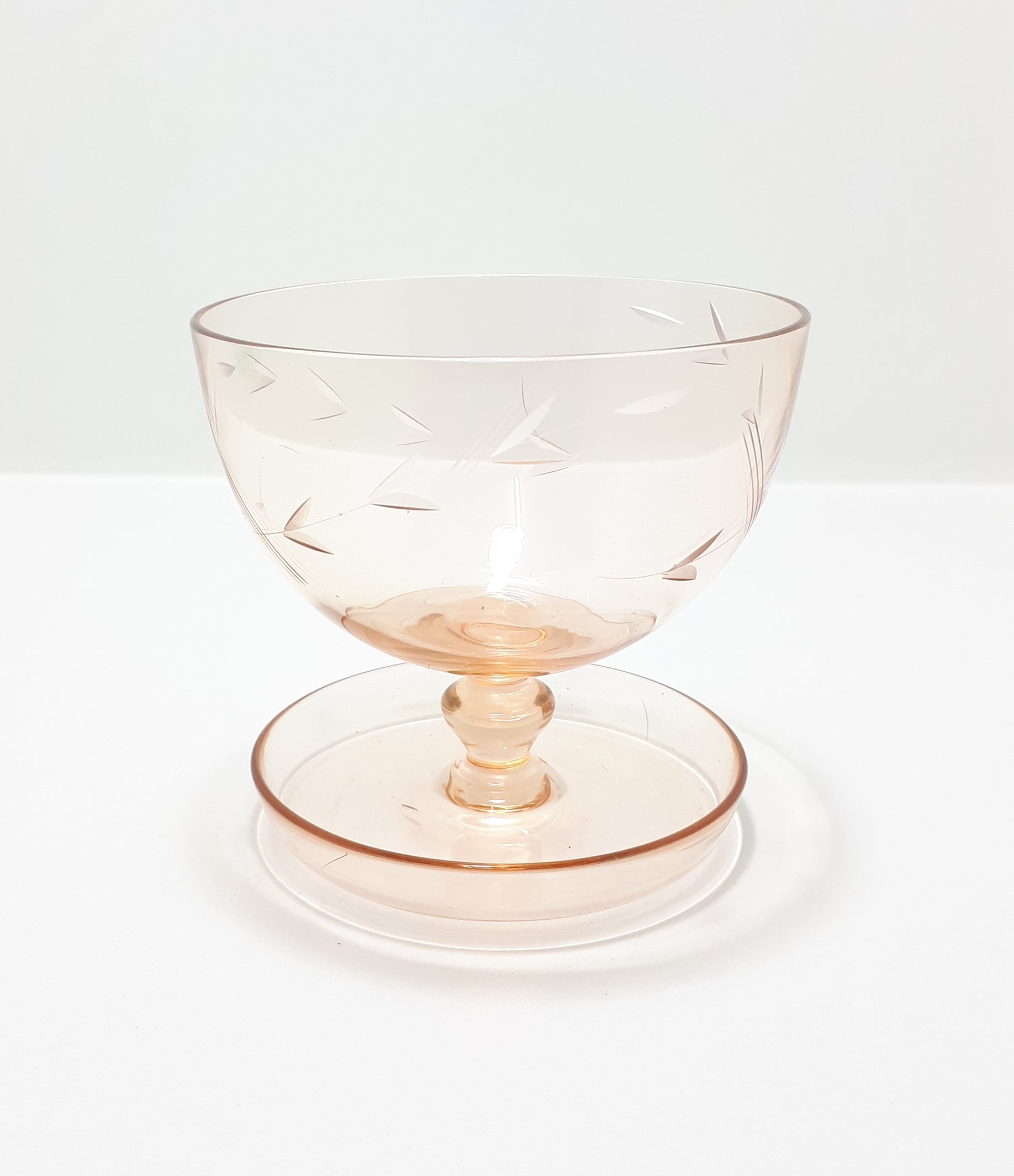 Small Peach Coloured Glass Pedestal Bowl With Wheat Pattern