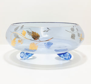 Vintage Blue Glass Footed Dessert Serving Bowl With Gold Flower & Leaf Patterning & Trim