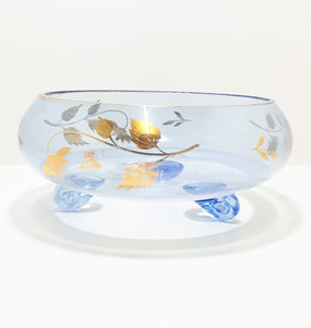 Vintage Blue Glass Footed Dessert Serving Bowl With Gold Flower & Leaf Patterning & Trim