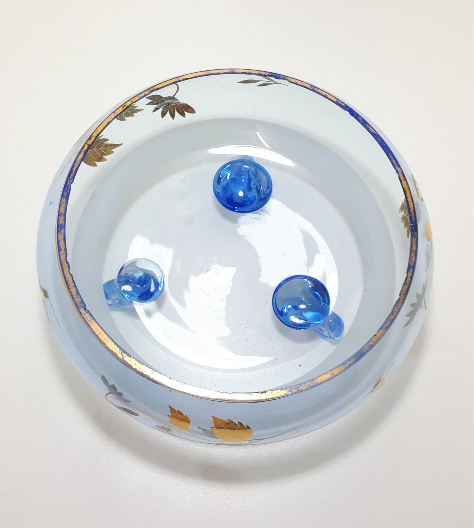 Vintage Blue Glass Footed Dessert Serving Bowl With Gold Flower & Leaf Patterning & Trim