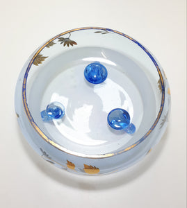 Vintage Blue Glass Footed Dessert Serving Bowl With Gold Flower & Leaf Patterning & Trim