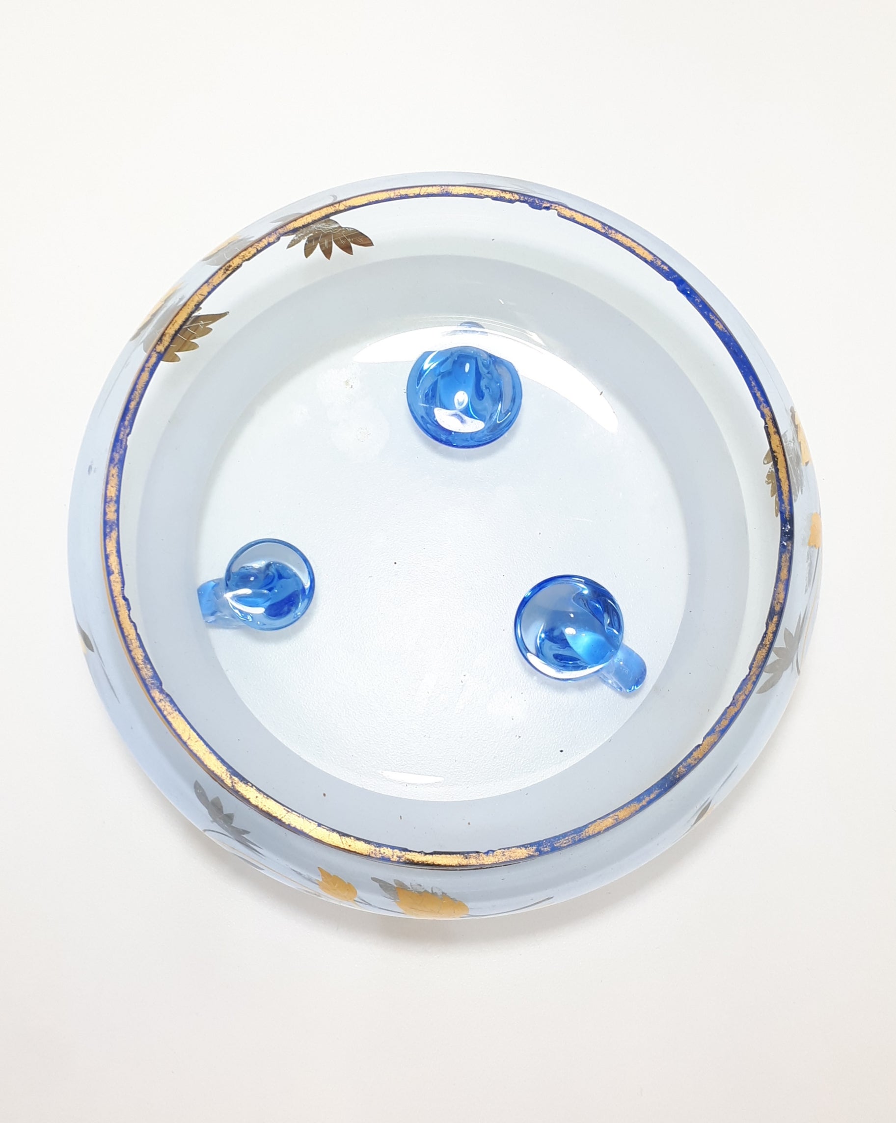 Vintage Blue Glass Footed Dessert Serving Bowl With Gold Flower & Leaf Patterning & Trim