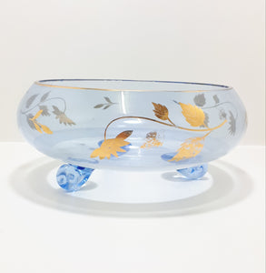 Vintage Blue Glass Footed Dessert Serving Bowl With Gold Flower & Leaf Patterning & Trim