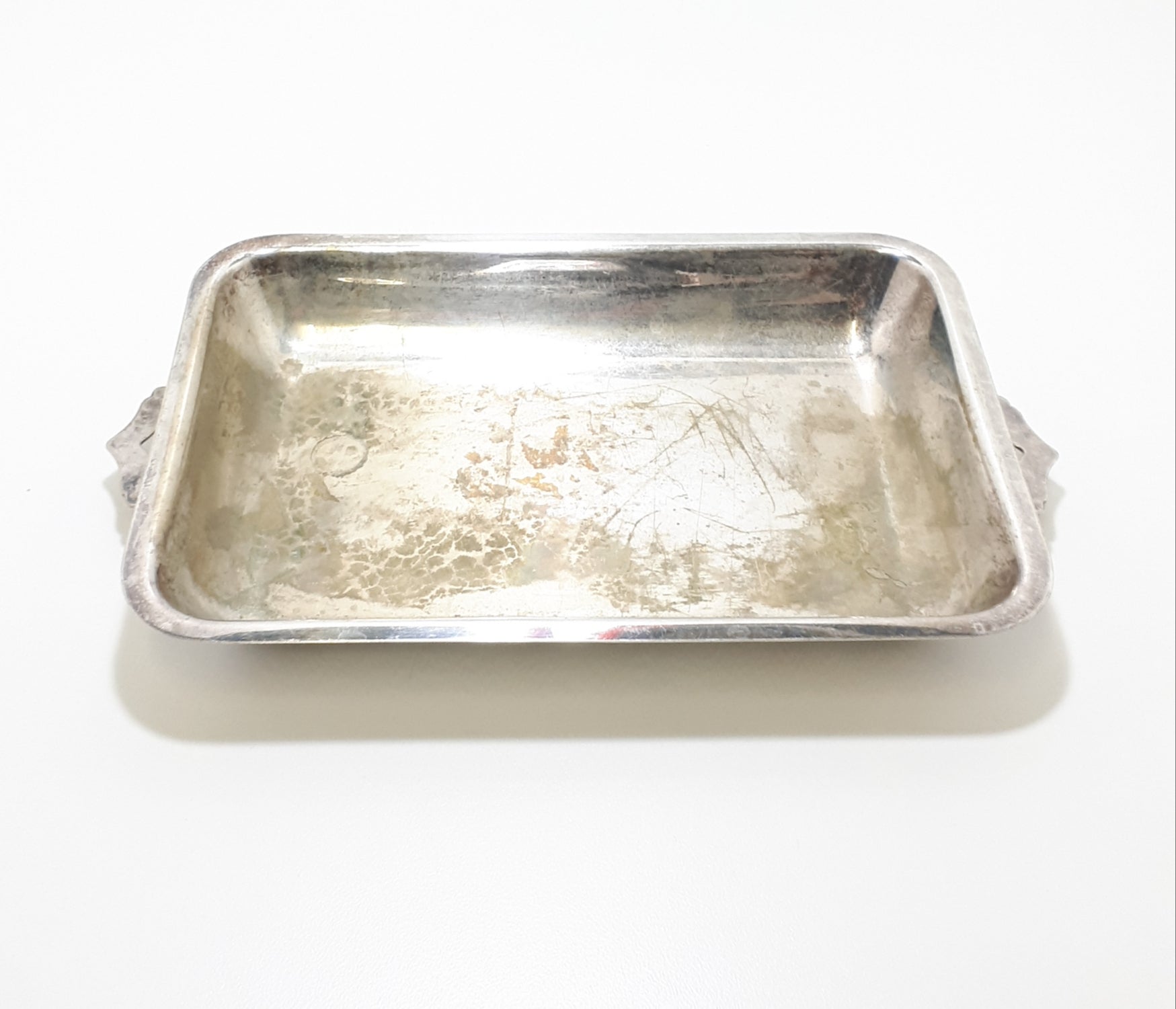 Rectangular Well-used Vintage Silver Plated Dish With Handles