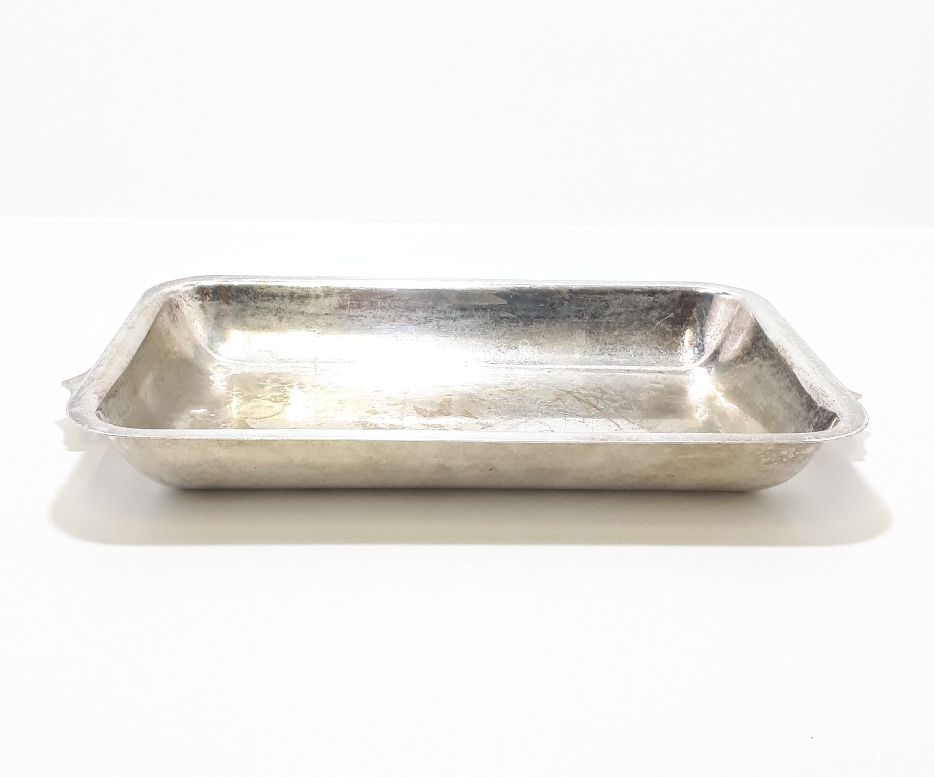 Rectangular Well-used Vintage Silver Plated Dish With Handles