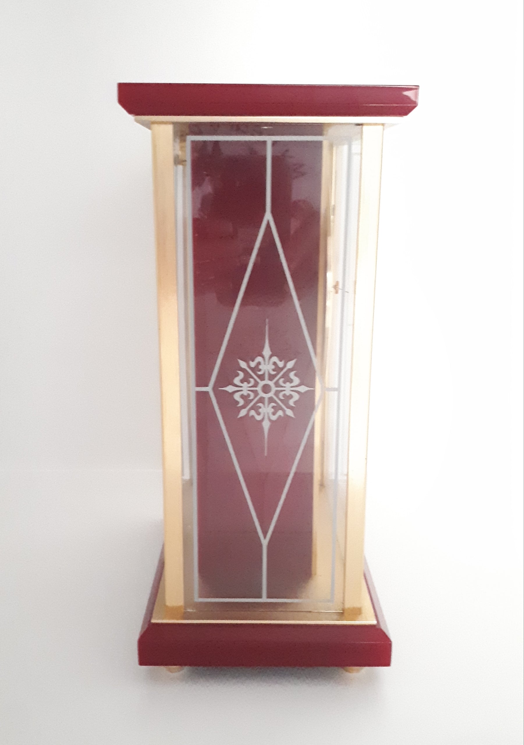 Vintage 1980’s Japanese Rhythm Quartz Mantel Clock – Brass, Maroon Bakelite, Glass & Perspex With Wheel Motion