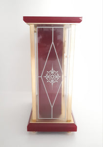 Vintage 1980’s Japanese Rhythm Quartz Mantel Clock – Brass, Maroon Bakelite, Glass & Perspex With Wheel Motion