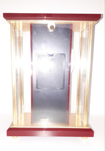 Vintage 1980’s Japanese Rhythm Quartz Mantel Clock – Brass, Maroon Bakelite, Glass & Perspex With Wheel Motion