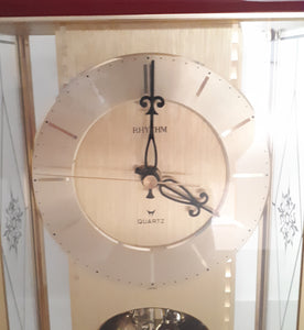 Vintage 1980’s Japanese Rhythm Quartz Mantel Clock – Brass, Maroon Bakelite, Glass & Perspex With Wheel Motion