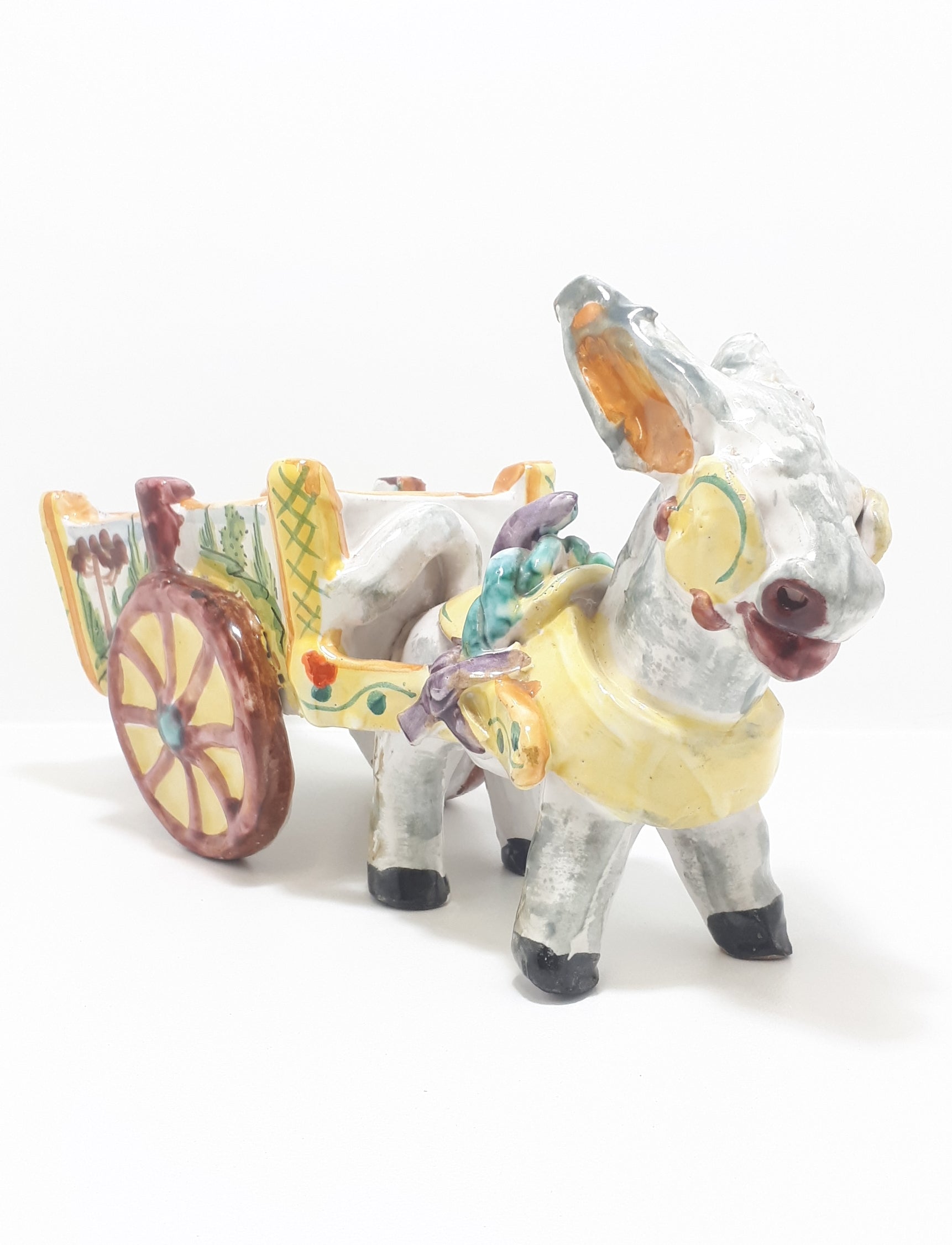 Italian Vintage Ceramic Burro / Donkey & Cart Cache Pot / Planter