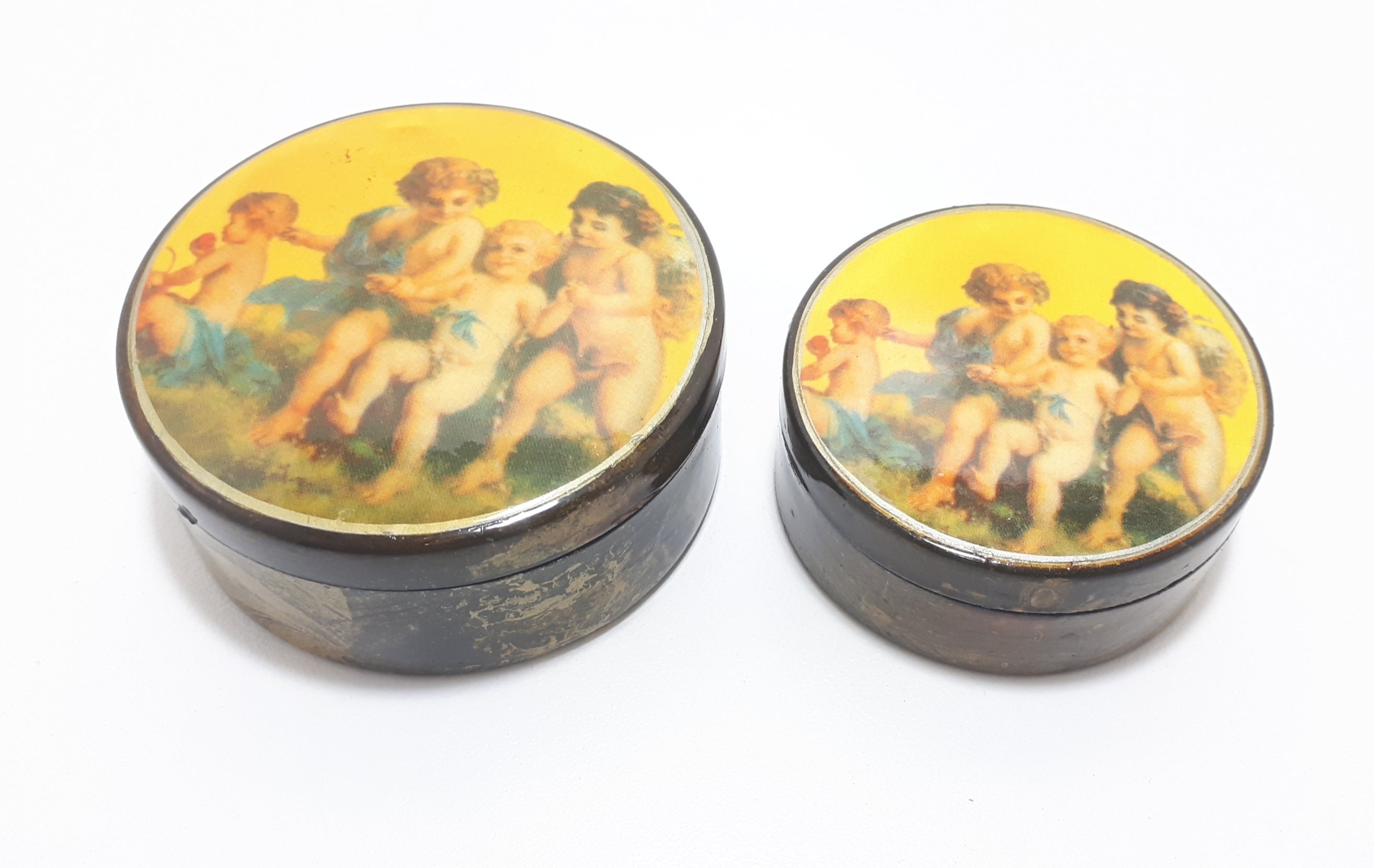 Pair Of Vintage Black & Gold Lacquered Nesting Trinket Boxes - Cherubs