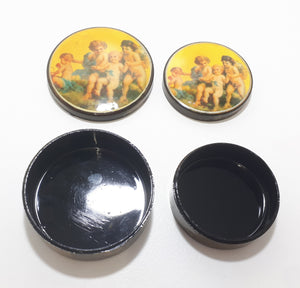 Pair Of Vintage Black & Gold Lacquered Nesting Trinket Boxes - Cherubs