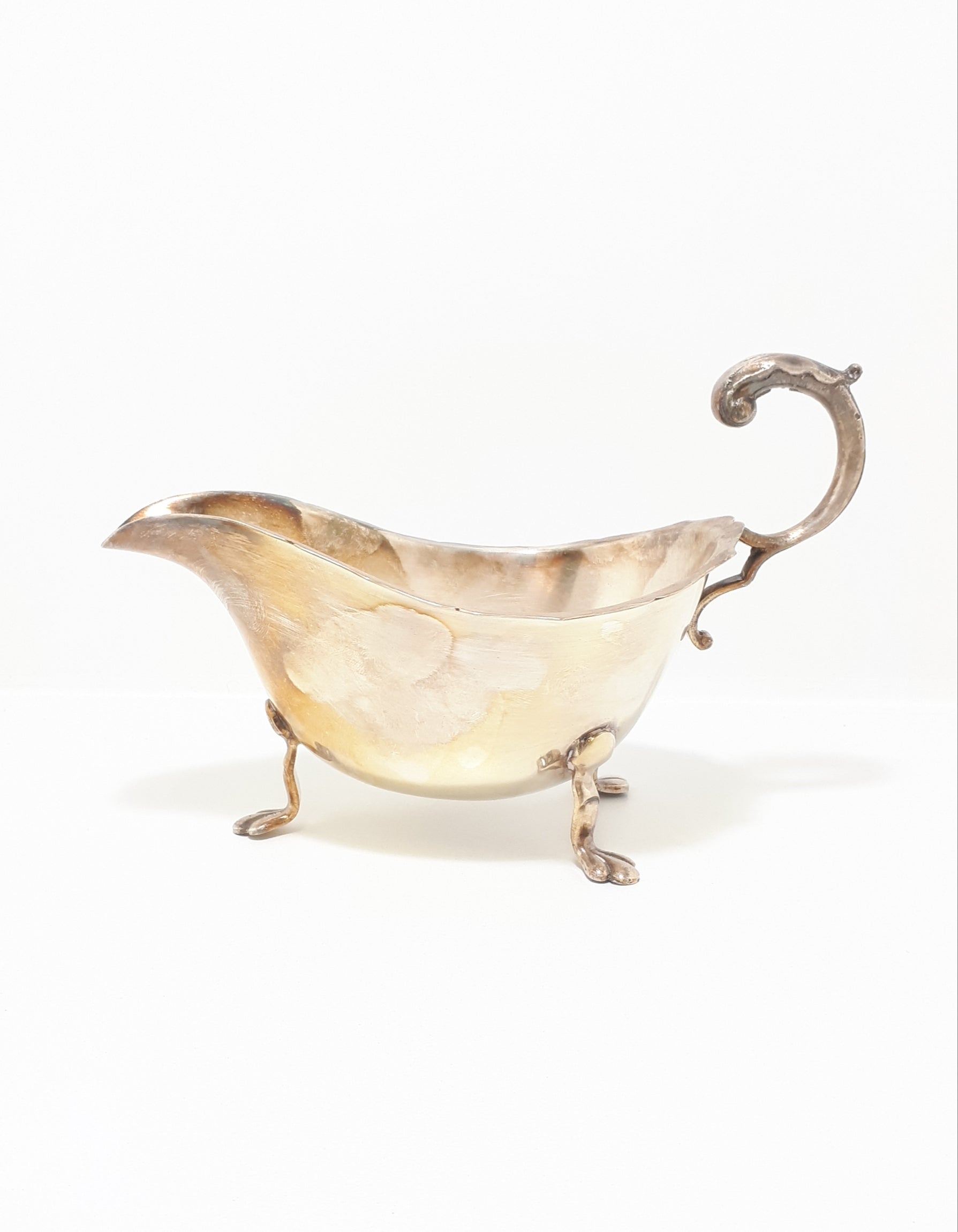 Antique Silver Plated Sheffield Georgian Styled Gravy Boat With Paw Feet & Scroll Handle