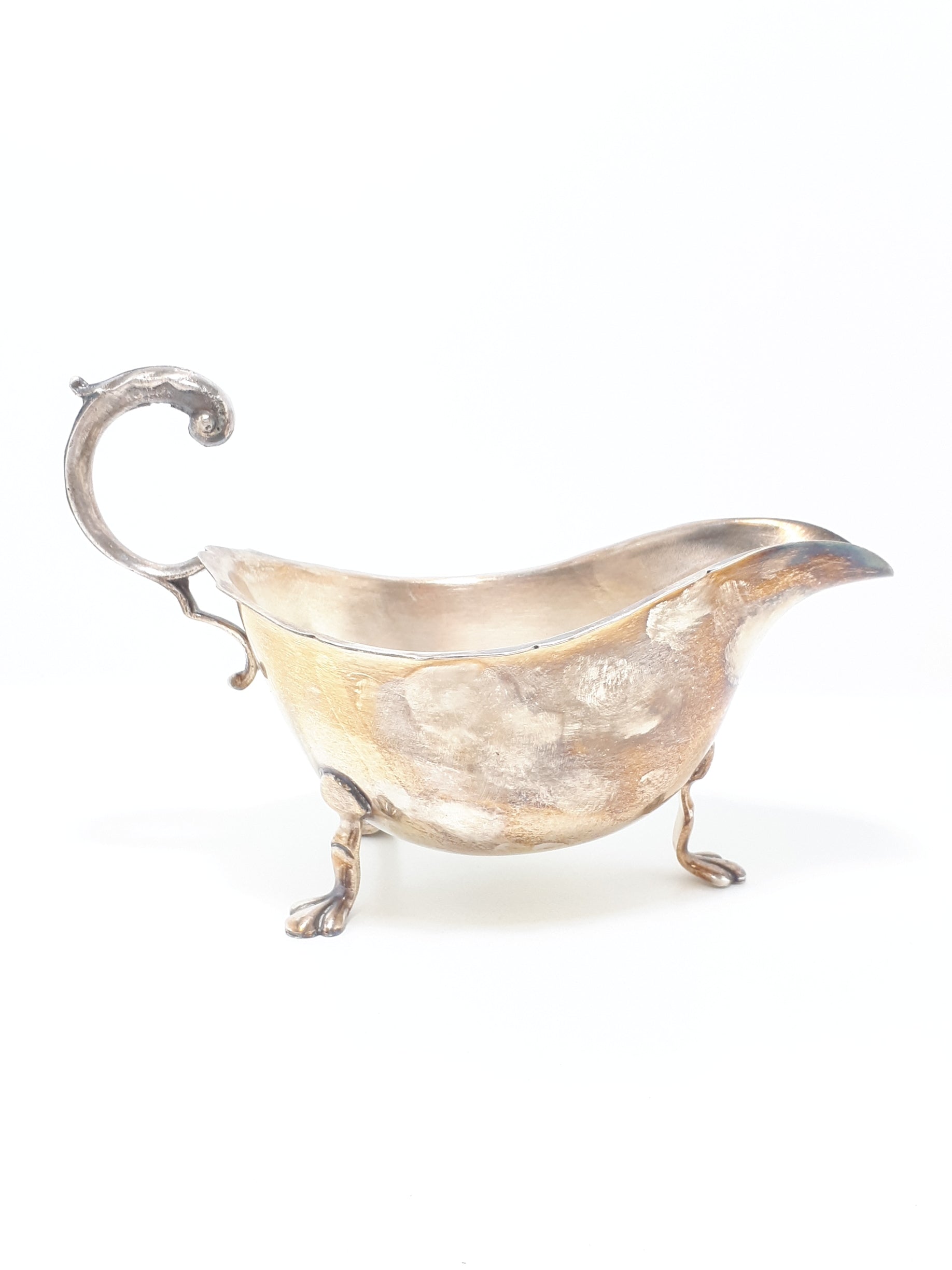 Antique Silver Plated Sheffield Georgian Styled Gravy Boat With Paw Feet & Scroll Handle