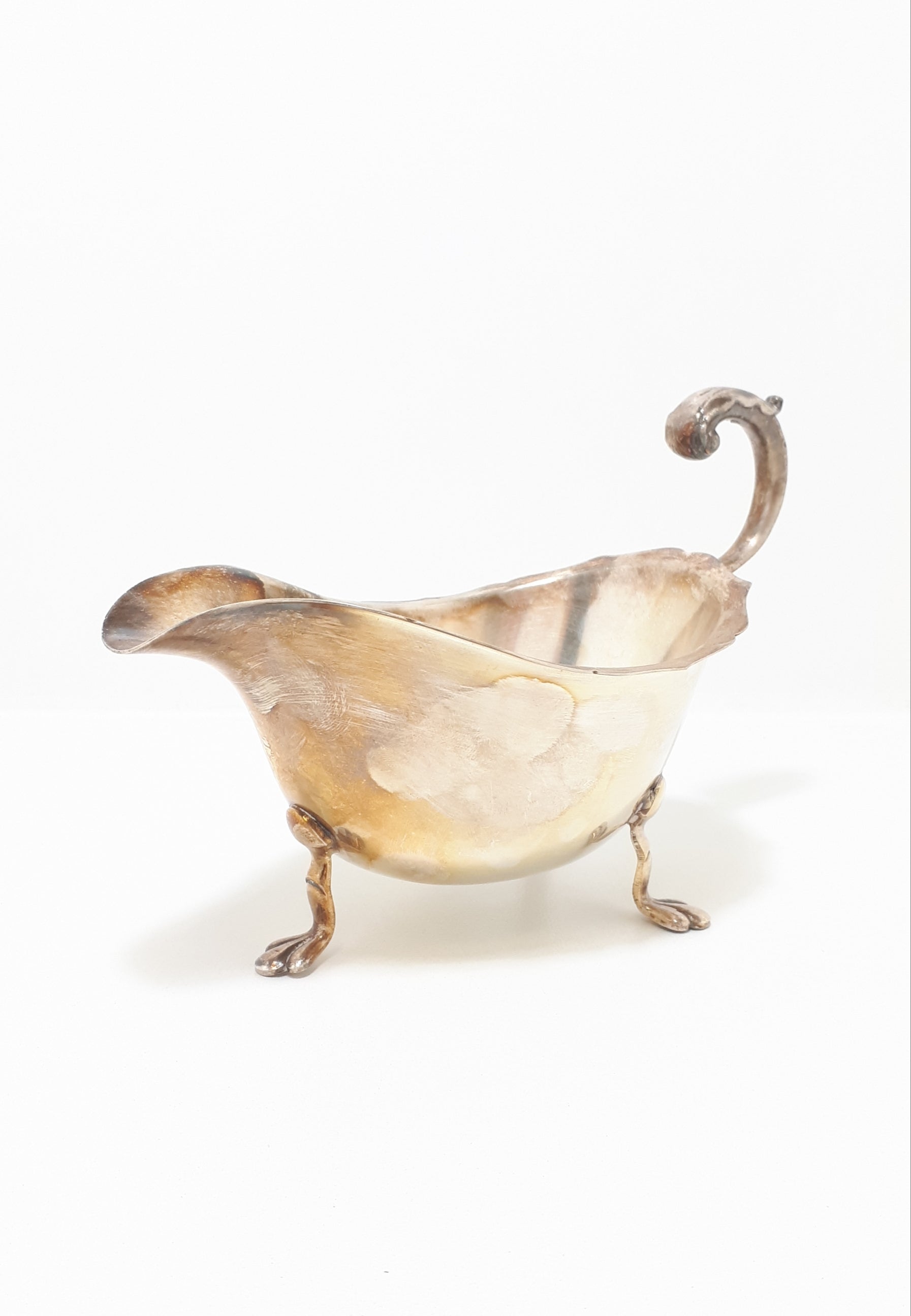 Antique Silver Plated Sheffield Georgian Styled Gravy Boat With Paw Feet & Scroll Handle