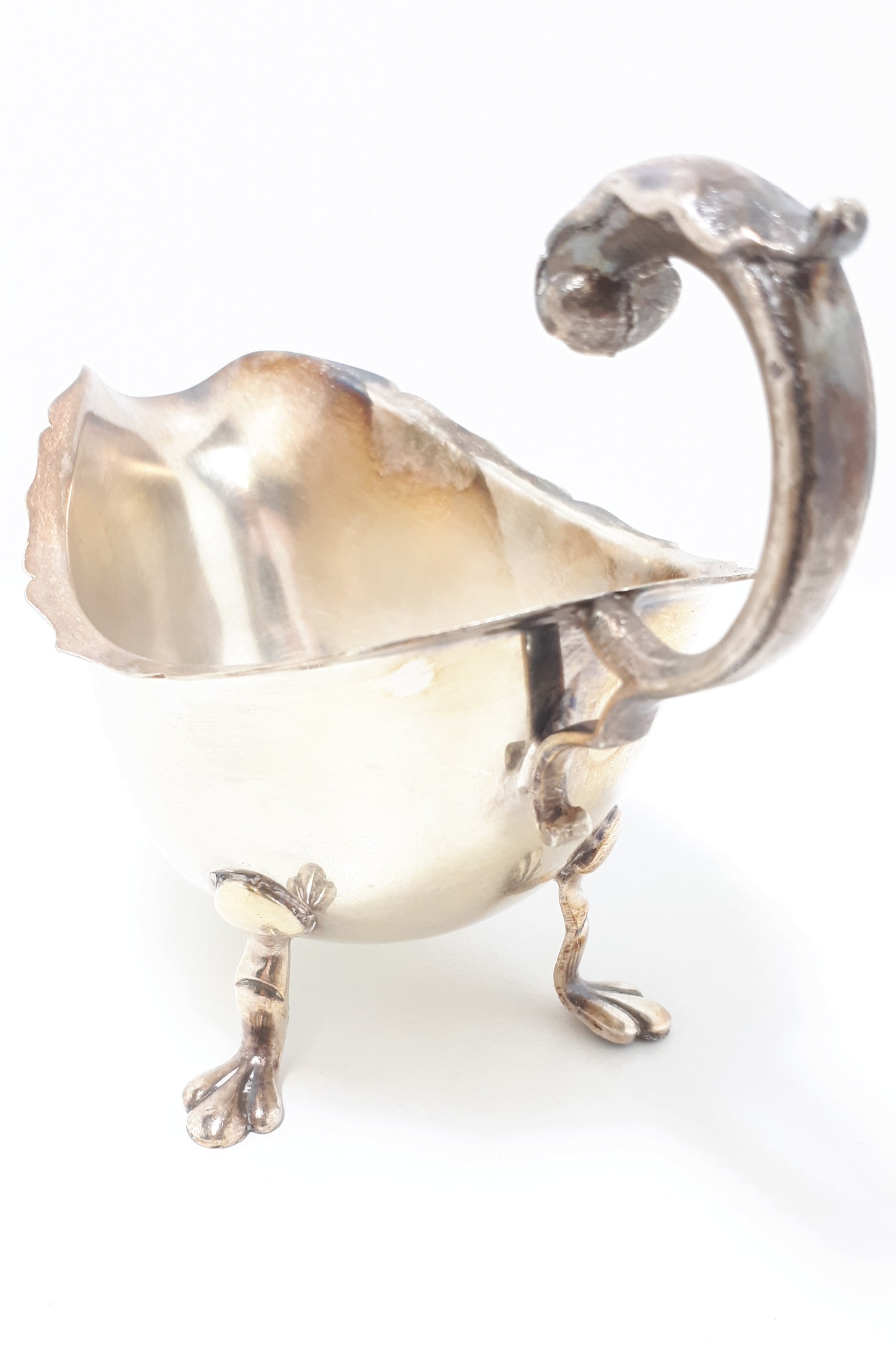 Antique Silver Plated Sheffield Georgian Styled Gravy Boat With Paw Feet & Scroll Handle