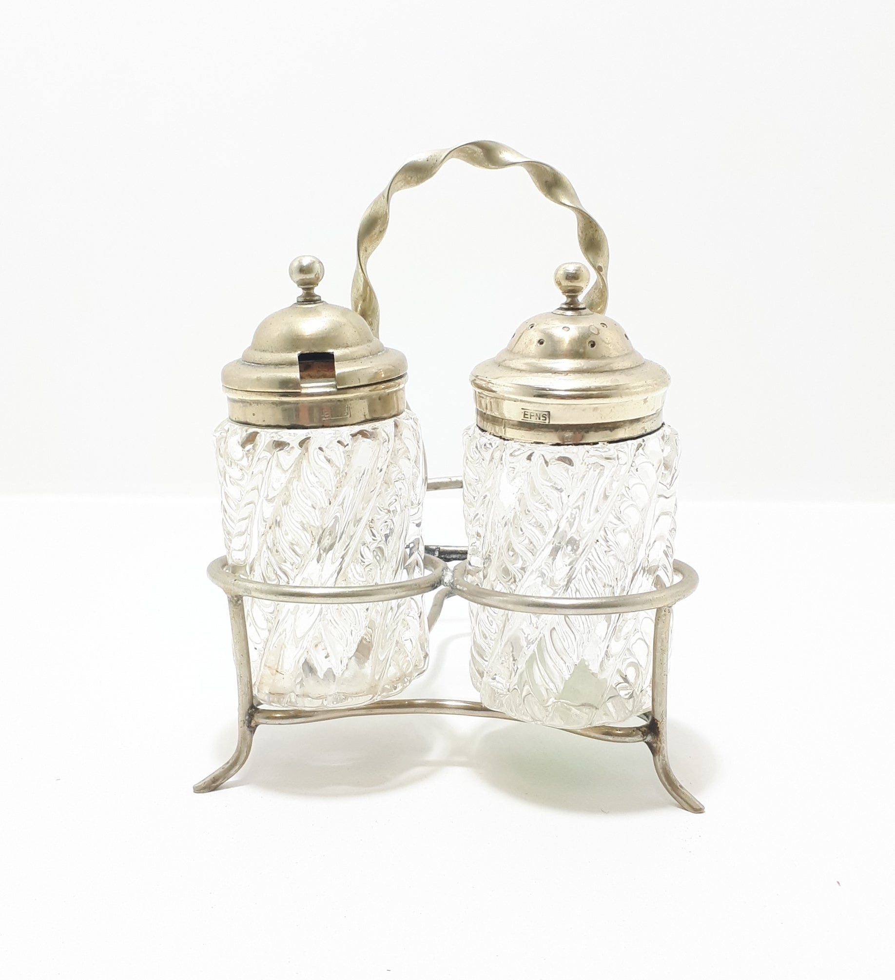 Antique Pressed Glass & Silver Plated Cruet Stand Salt Pot & Pepper Shaker