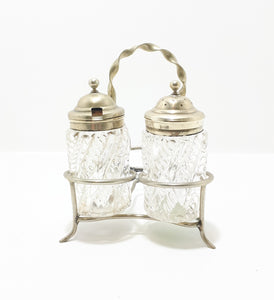Antique Pressed Glass & Silver Plated Cruet Stand Salt Pot & Pepper Shaker