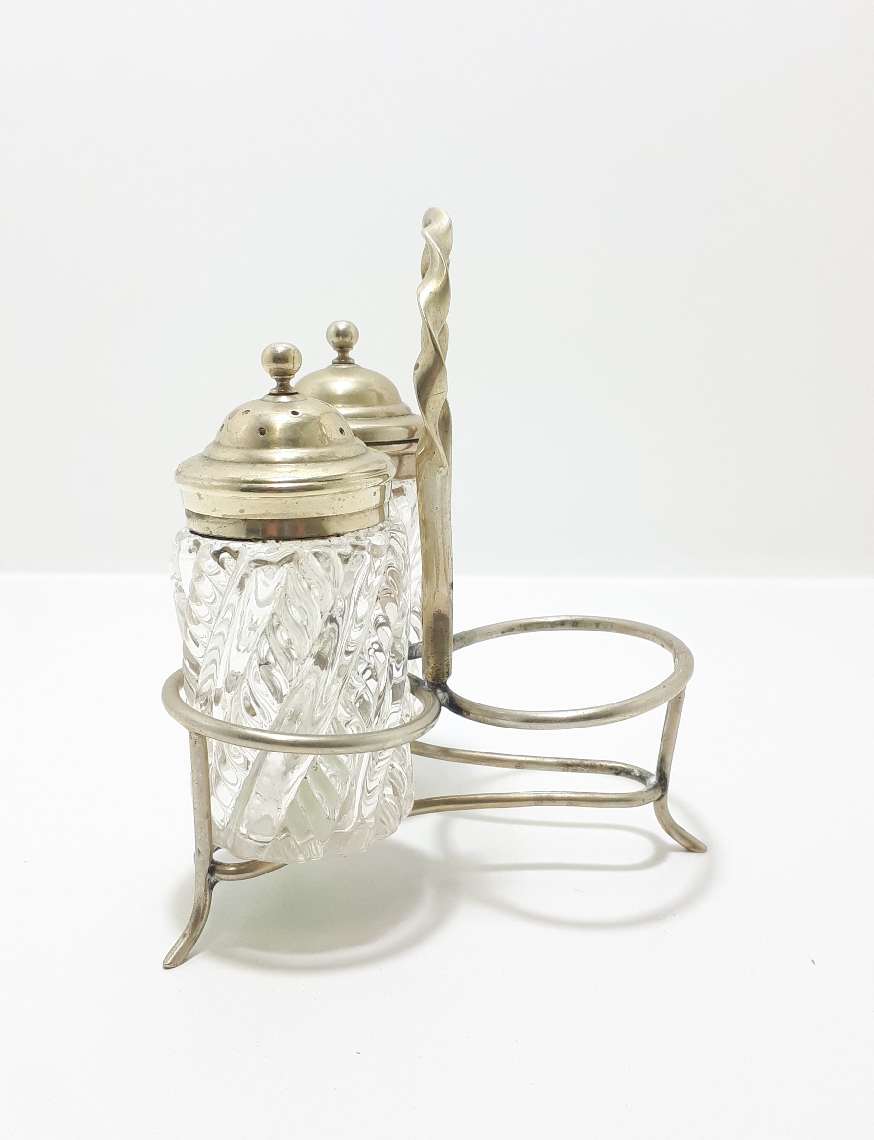 Antique Pressed Glass & Silver Plated Cruet Stand Salt Pot & Pepper Shaker