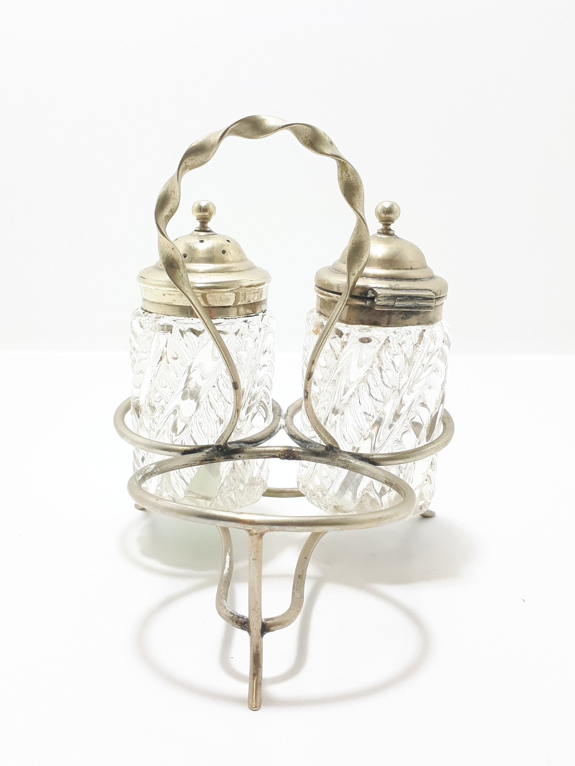 Antique Pressed Glass & Silver Plated Cruet Stand Salt Pot & Pepper Shaker